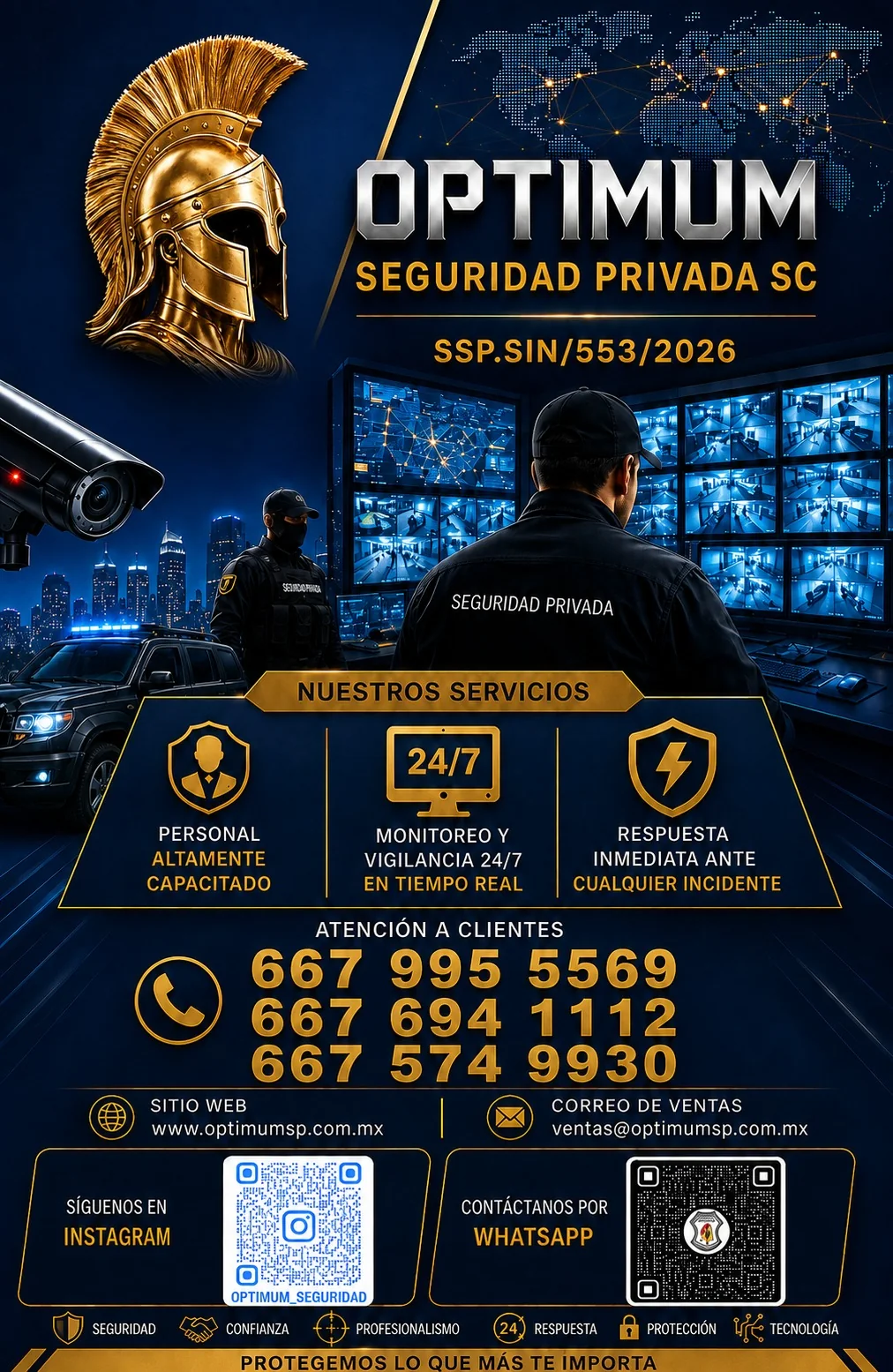 Material gráfico de OPTIMUM Seguridad Privada con vigilancia, monitoreo y personal de seguridad
